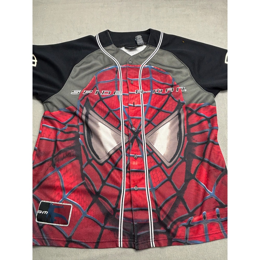 VTG Marvel Spider-Man Graphic Baseball Jersey Red Black Mesh Button Up XL